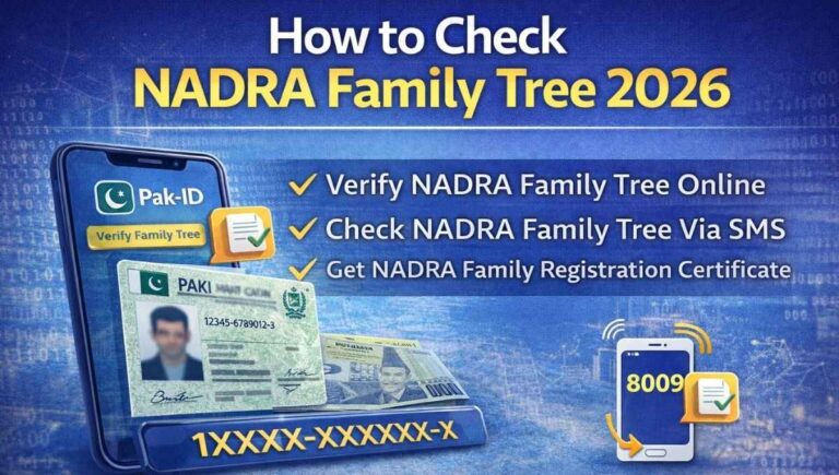 How to check NADRA family tree 2026 using CNIC via Pak-ID app and SMS 8009, showing Family Registration Certificate verification process in Pakistan