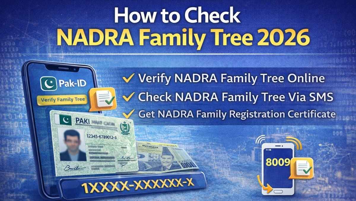 How to check NADRA family tree 2026 using CNIC via Pak-ID app and SMS 8009, showing Family Registration Certificate verification process in Pakistan