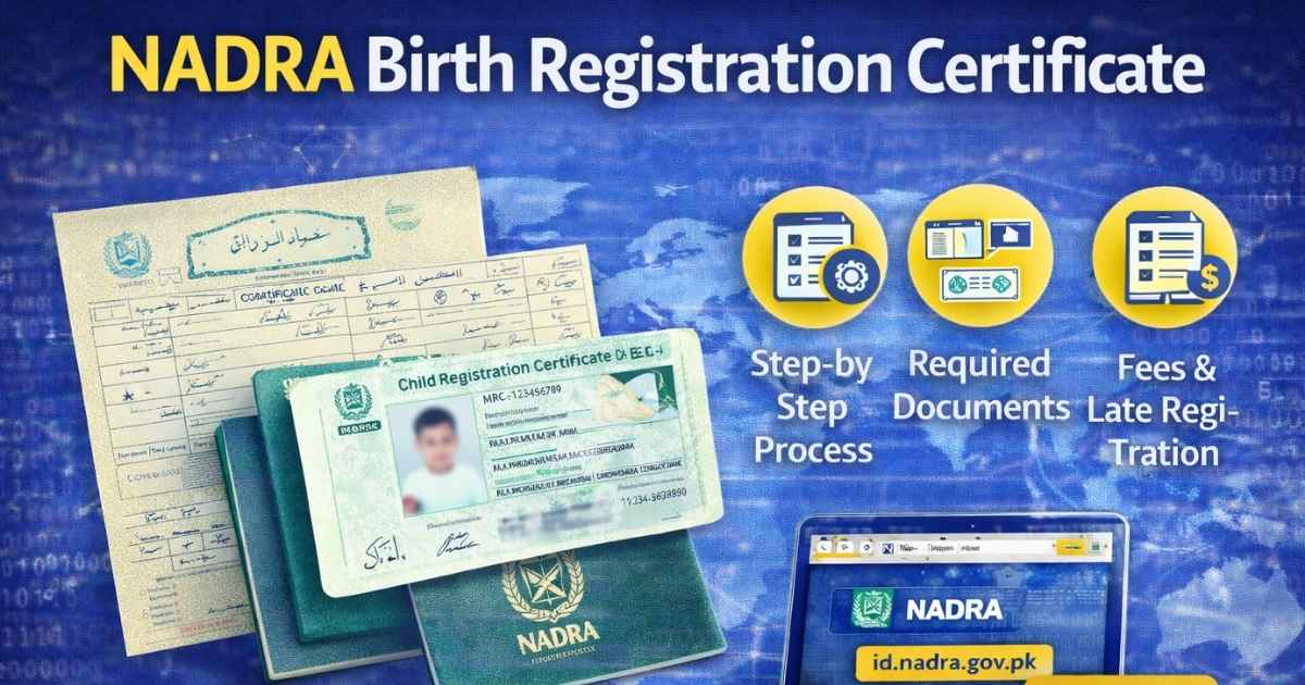 NADRA Birth Registration Certificate guide showing required documents, step-by-step process, fees, and online application in Pakistan