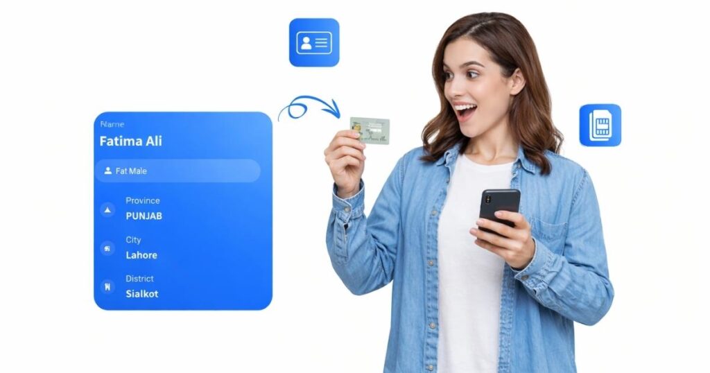 Female holding CNIC card with mobile phone showing CNIC information details interface in Pakistan