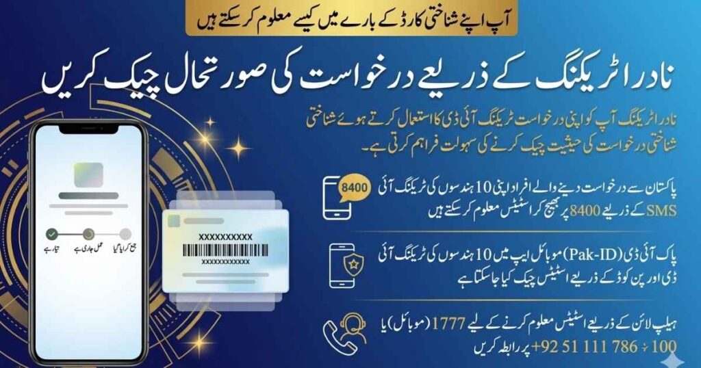 NADRA Tracking Service Status Check Guide in Urdu. Shows steps to check identity card status via SMS 8400, Pak-ID app, or helpline.